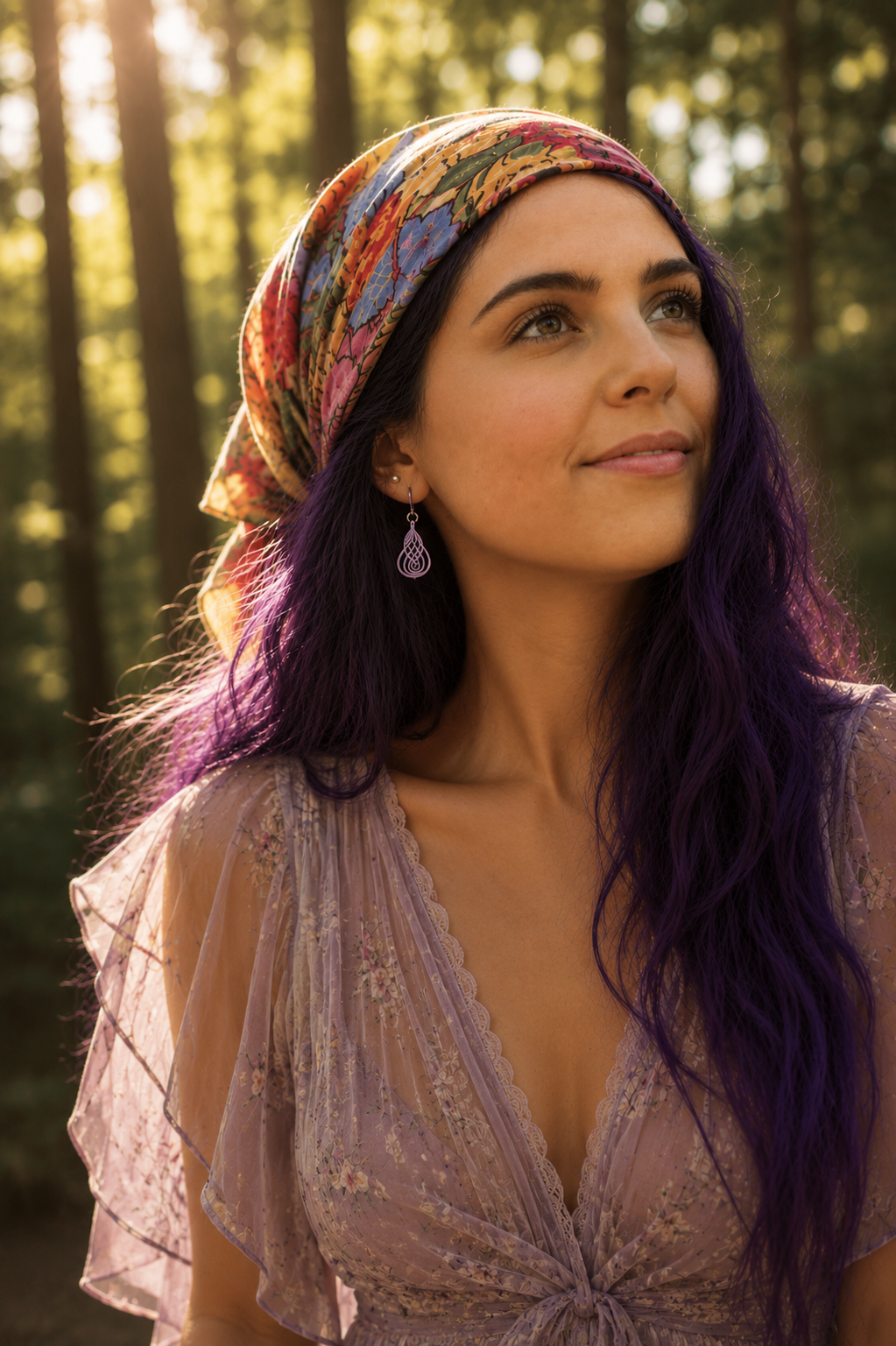 Nebula-lavande-voxandoz-jeune femme avec foulard ambiance nature.